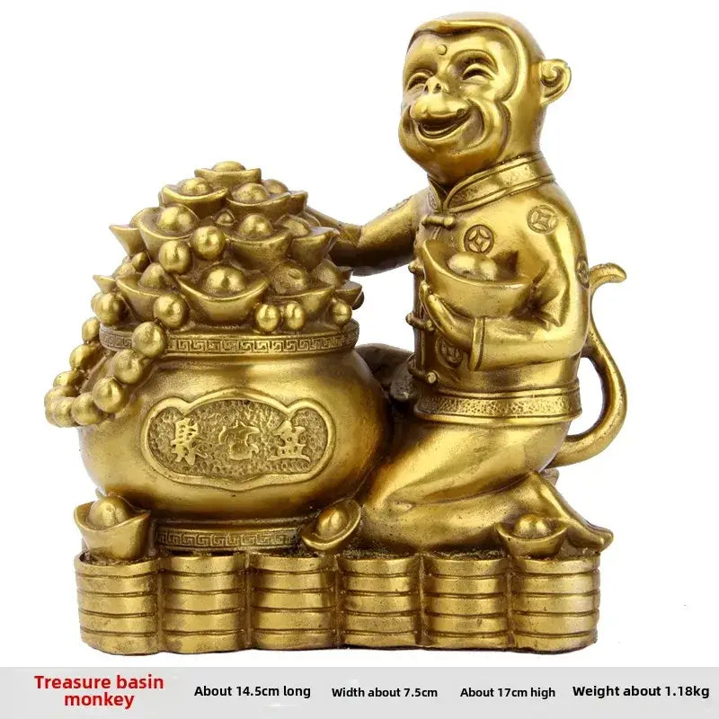 Golden brass copper monkey statue kneeling beside ornate treasure basin overflowing with gold ingots for living room decor
