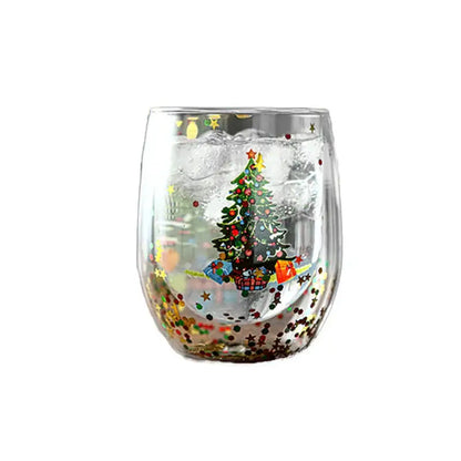 Clear double wall glass mug with festive christmas tree design and colorful confetti at the bottom for kitchen decor