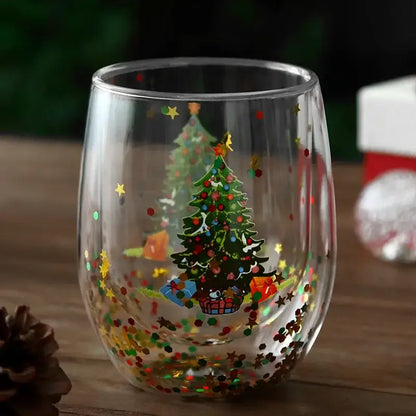 Clear double wall glass mug with festive Christmas tree design and colorful confetti glitter inside for kitchen decor
