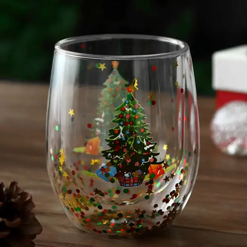 Clear double wall glass mug with festive Christmas tree design and colorful confetti glitter inside for kitchen decor
