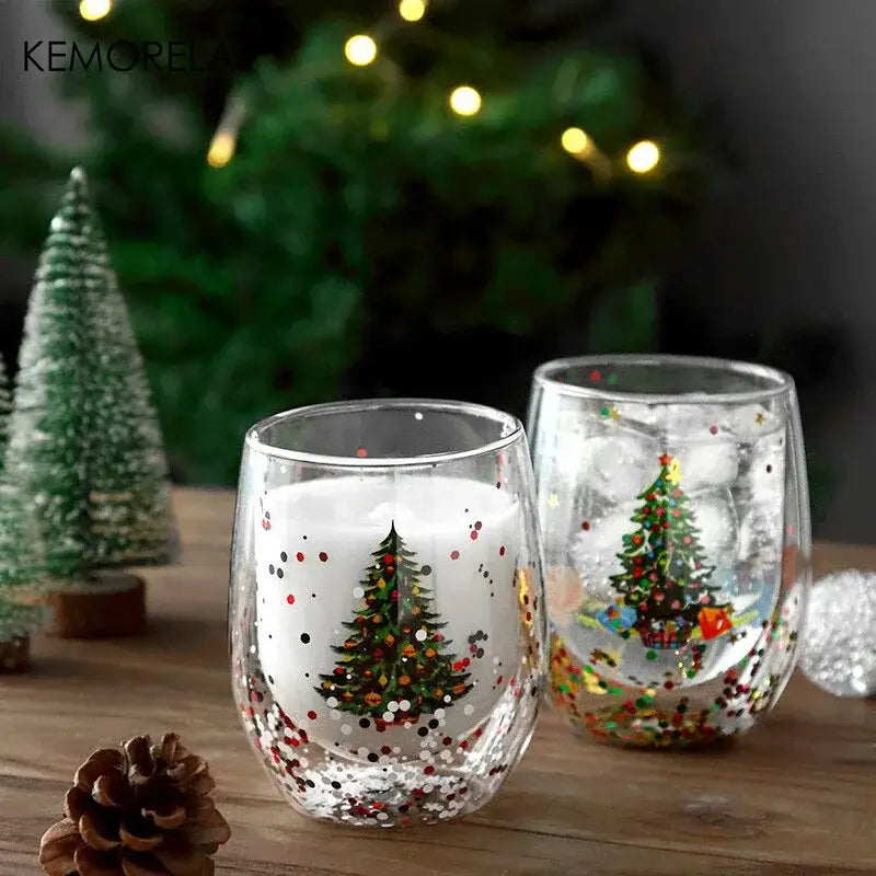 Clear double wall glass candle holders with festive christmas tree decals and colorful glitter confetti inside