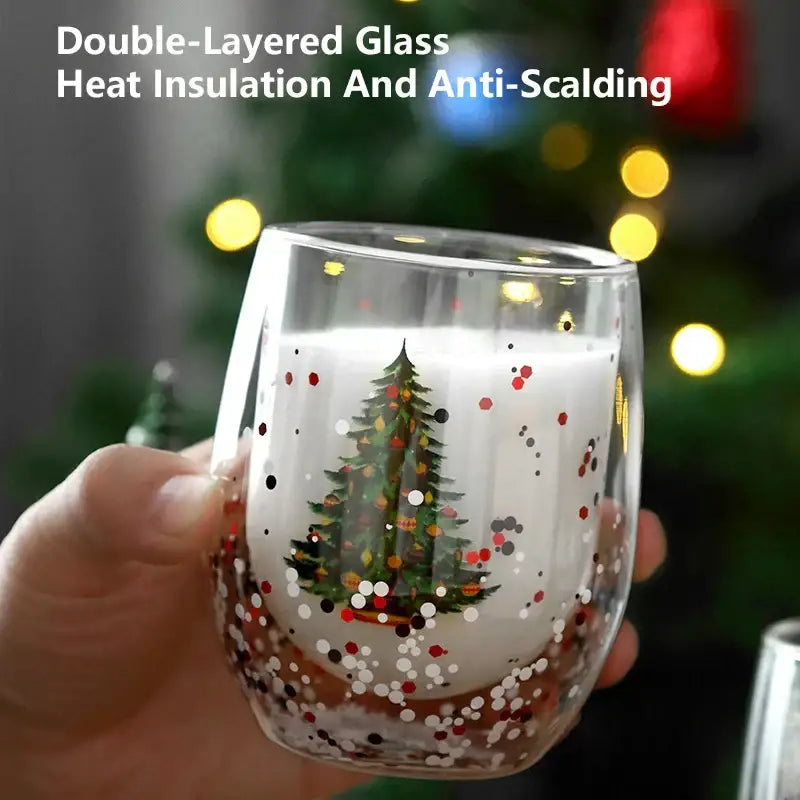 Clear double wall glass mug with festive christmas tree design and red white black confetti dots for kitchen decor