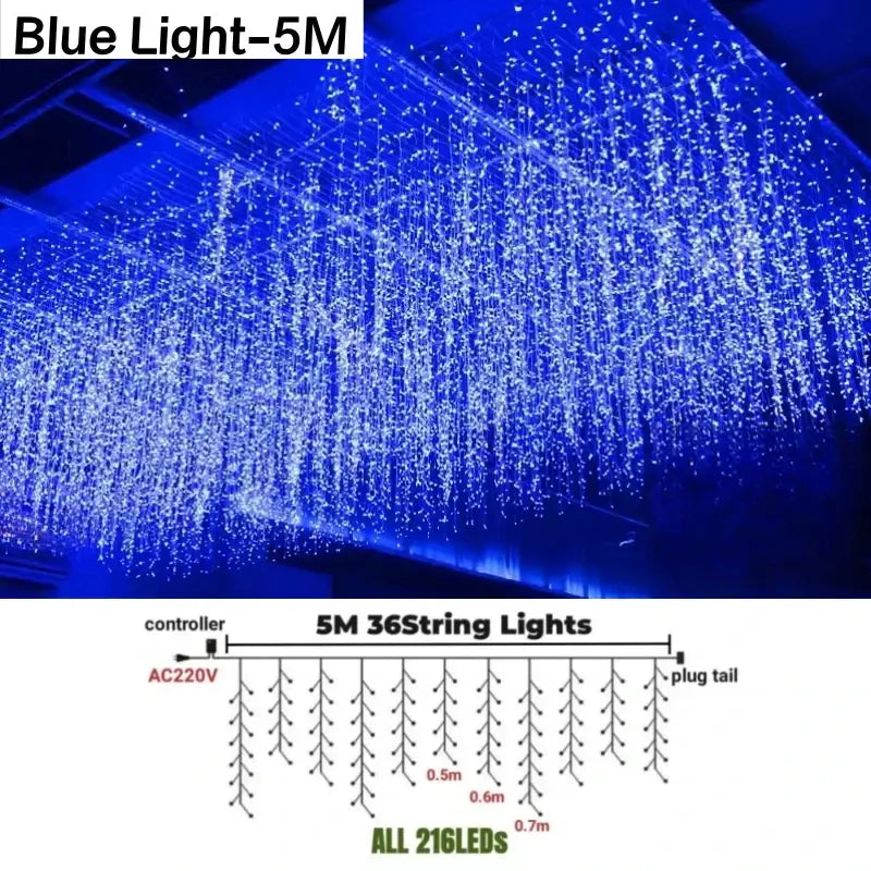 Festive golden led string lights with 36 blue led string lights cascading strands totaling 216 leds over 5 meters