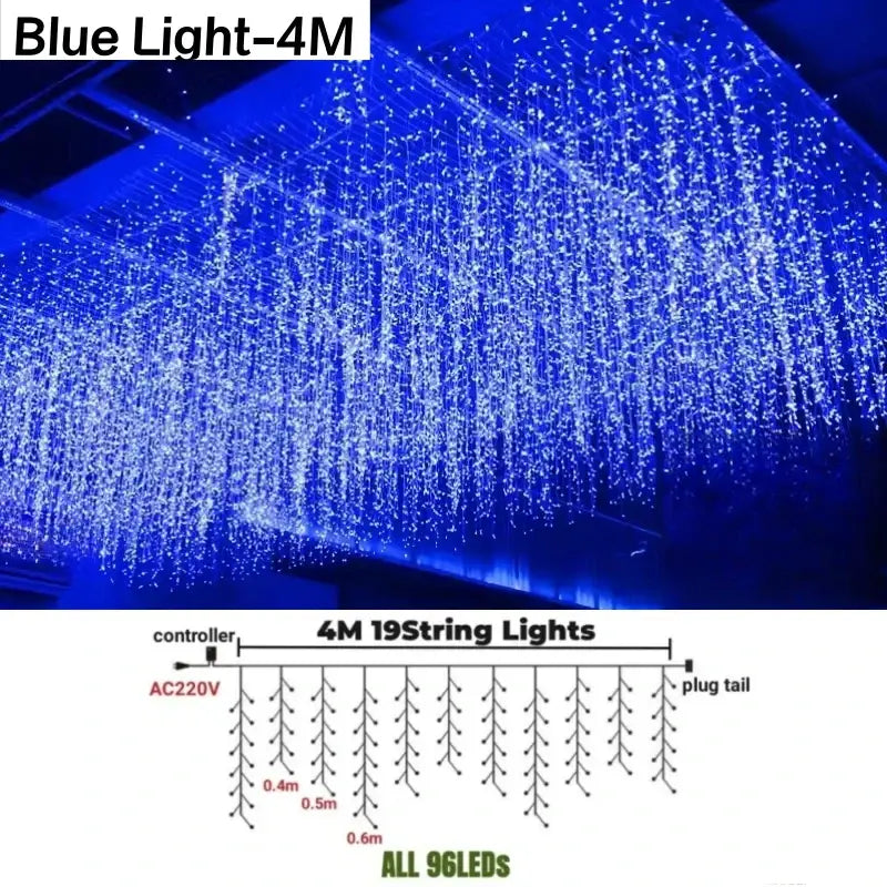 Blue led string lights with a cascading waterfall design for festive golden led string lights outdoor garden decor