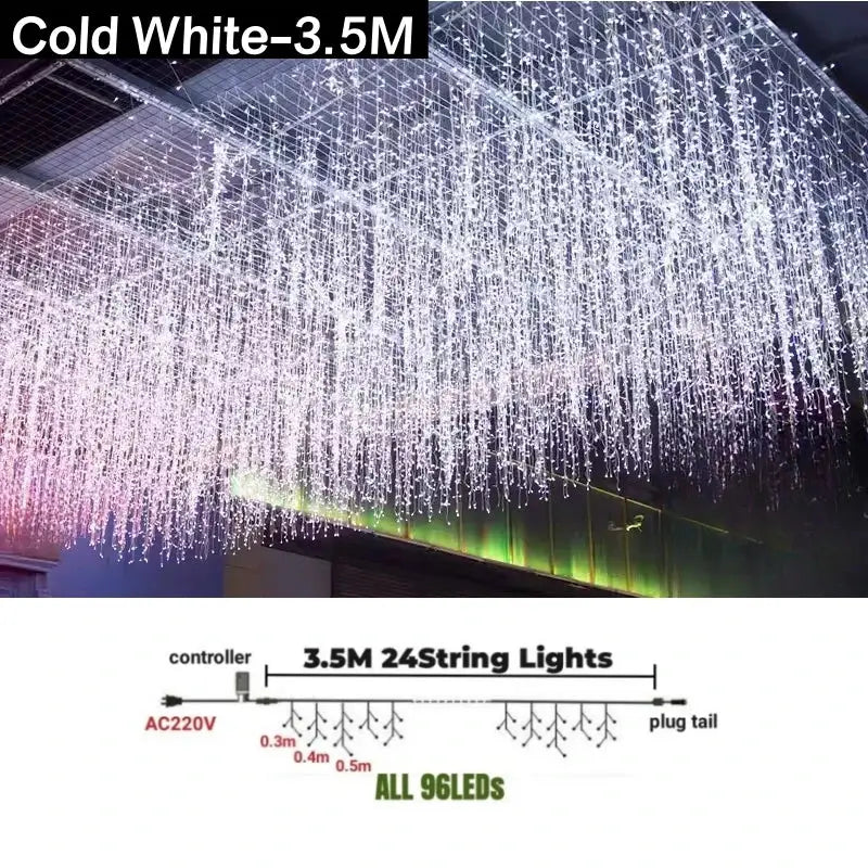 Cold white festive golden led string lights with 96 cascading leds for outdoor garden decorative illumination