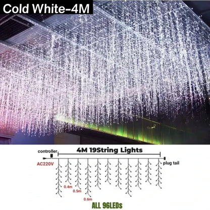 Cold white 4-meter led string lights with 19 cascading icicle strings for festive golden outdoor garden decor