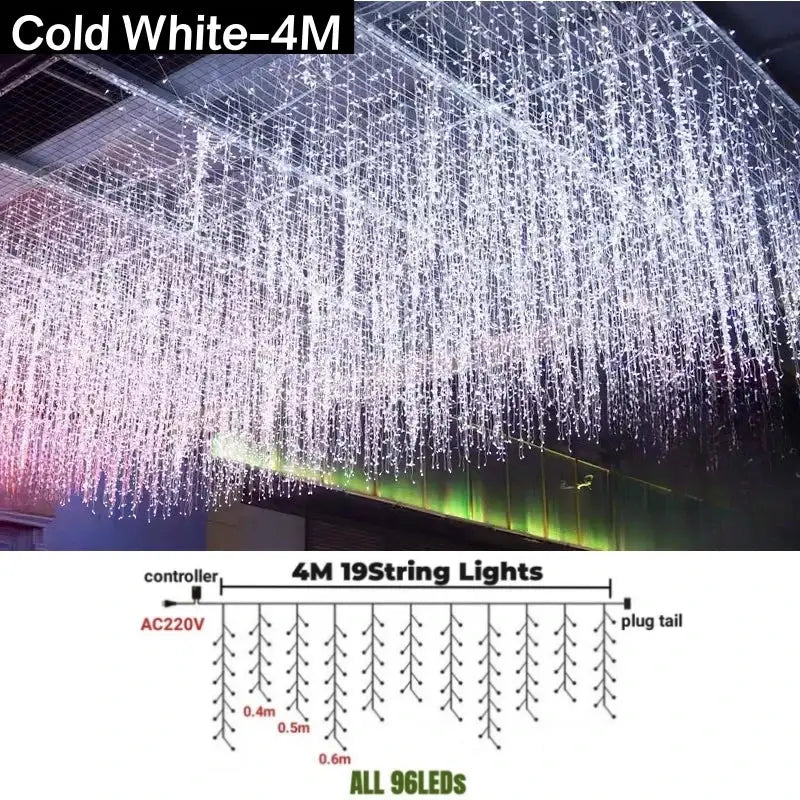 Cold white 4-meter led string lights with 19 cascading icicle strings for festive golden outdoor garden decor