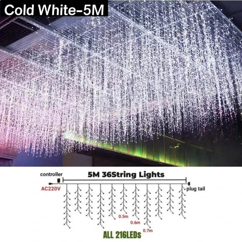 Cold white 5-meter led string lights with cascading bulbs designed for festive outdoor garden decor