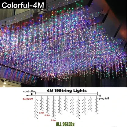 Colorful 4-meter led string lights with cascading fiber optic strands in rainbow hues for outdoor garden decor