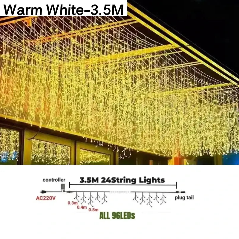 Festive golden led string lights 3.5 meters long with 96 warm white leds in cascading design for outdoor decor