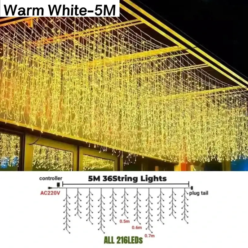 Warm white festive golden led string lights with 36 delicate cascading strands for outdoor garden decor use