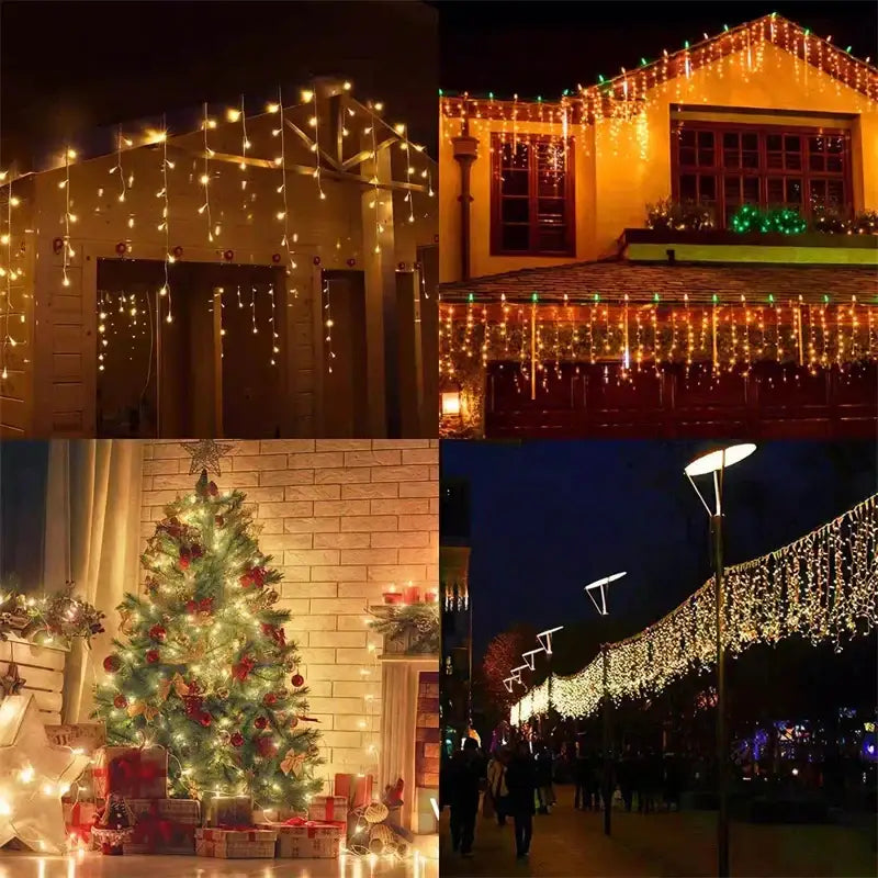 Warm white led string lights with cascading icicle design decorate outdoor eaves and street lamps for festive use