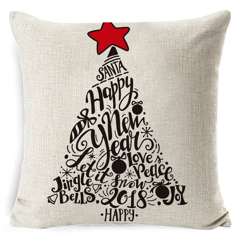 Beige linen throw pillow with festive christmas tree design red star black calligraphy elk print linen decorbites pillowcase