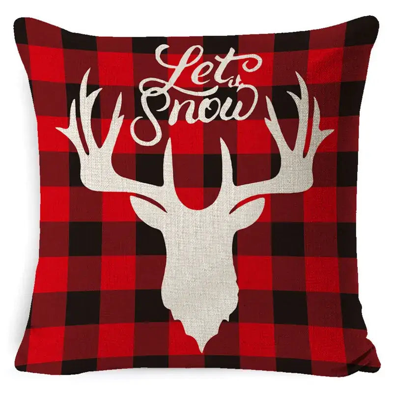 Festive red and black plaid elk print linen pillowcase with white deer head silhouette and let it snow text for living room decorbites elk print