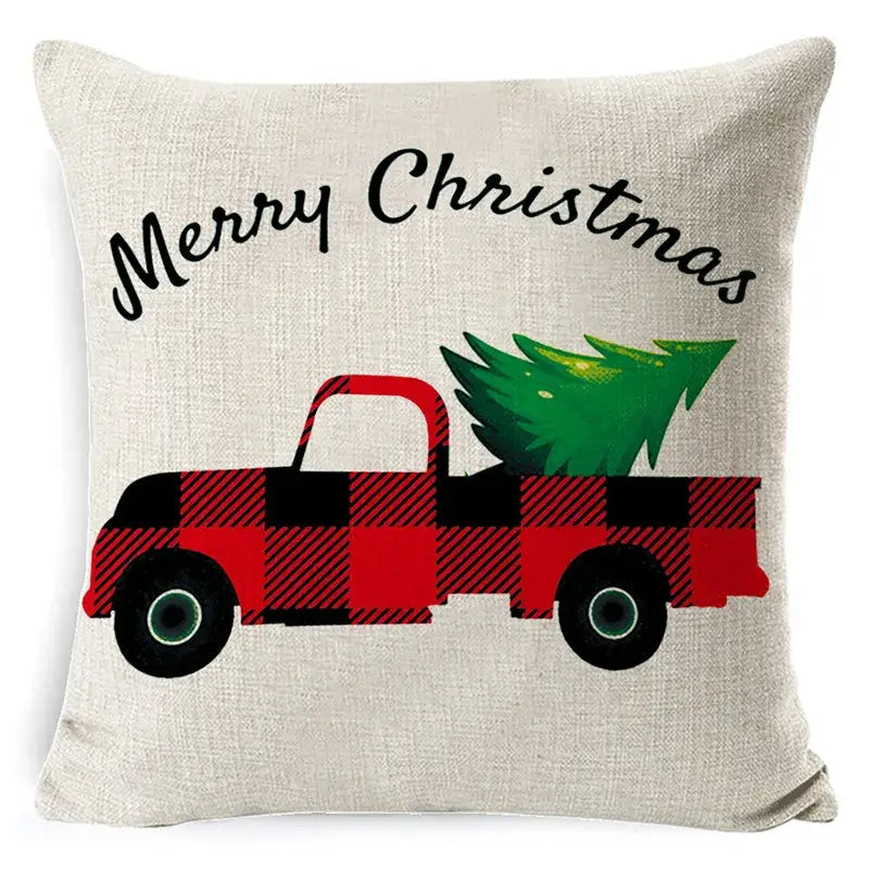 Beige linen print linen pillowcase with festive red and black decorbites elk print and merry christmas script decor