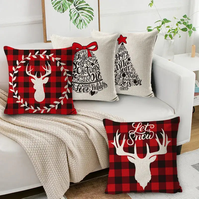 Festive red and black plaid elk print linen throw pillowcase with white deer silhouette wreath for living room decorbites elk print