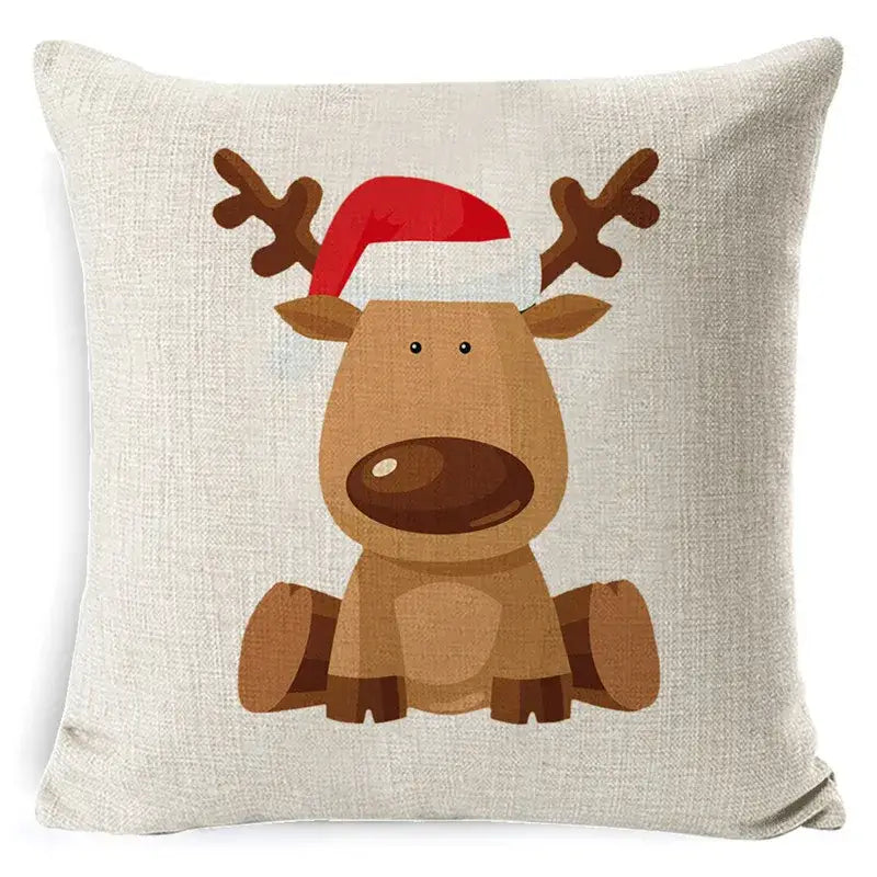 Beige linen throw pillow with a festive cartoon reindeer wearing a red santa hat elk print linen pillowcase decorbites elk print