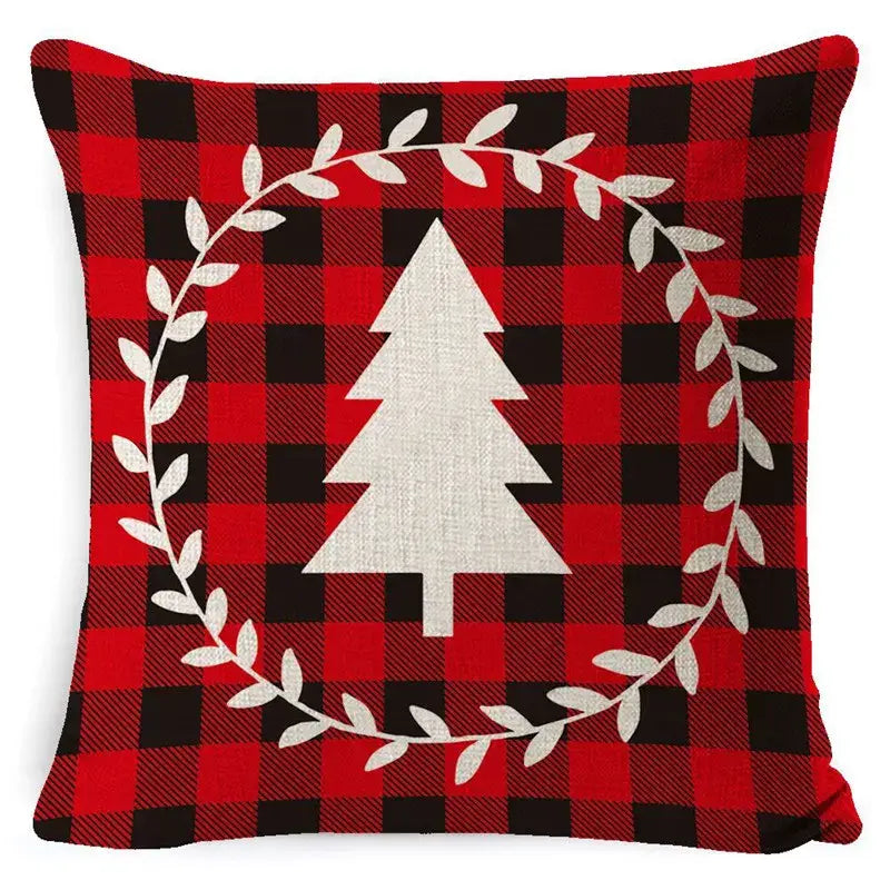 Festive red and black buffalo check elk print linen pillowcase with white Christmas tree wreath decorbites elk print decor