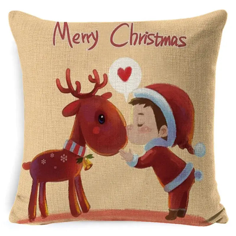 Beige linen throw pillow with festive merry christmas elk print linen featuring child in santa attire with reindeer decorbites elk print