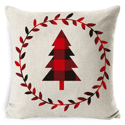 Beige elk print linen throw pillowcase with red and black plaid christmas tree and red leaf wreath for living room decorbites decor