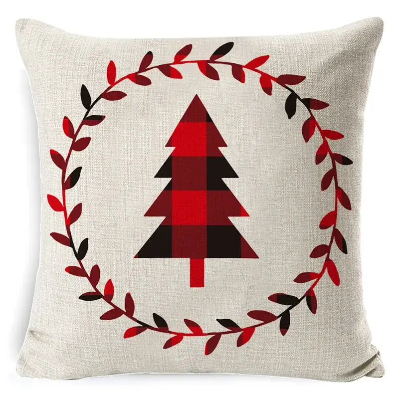 Beige elk print linen throw pillowcase with red and black plaid christmas tree and red leaf wreath for living room decorbites decor