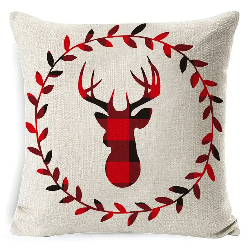 Beige linen print linen pillowcase featuring festive red and black decorbites elk print with wreath design