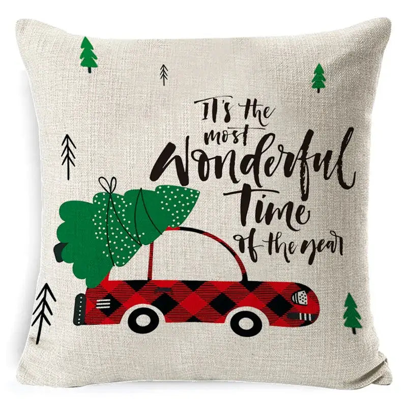 Beige linen throw pillow with festive red and black plaid elk print linen featuring a christmas tree and script decorbites elk print