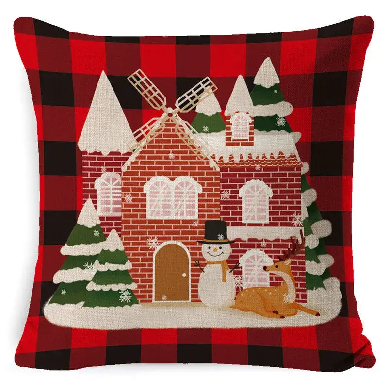 Festive red and black plaid elk print linen pillowcase with gingerbread house snowman and reindeer for living room decorbites decor
