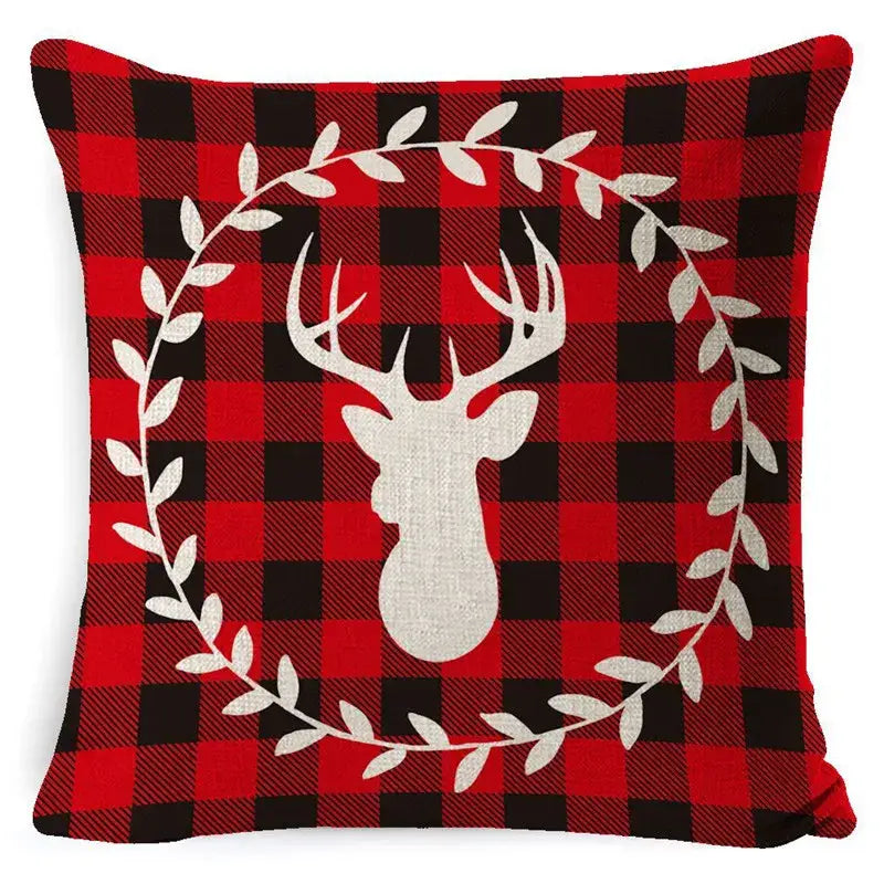 Festive red and black plaid elk print linen throw pillowcase with white deer silhouette wreath for living room decorbites elk print