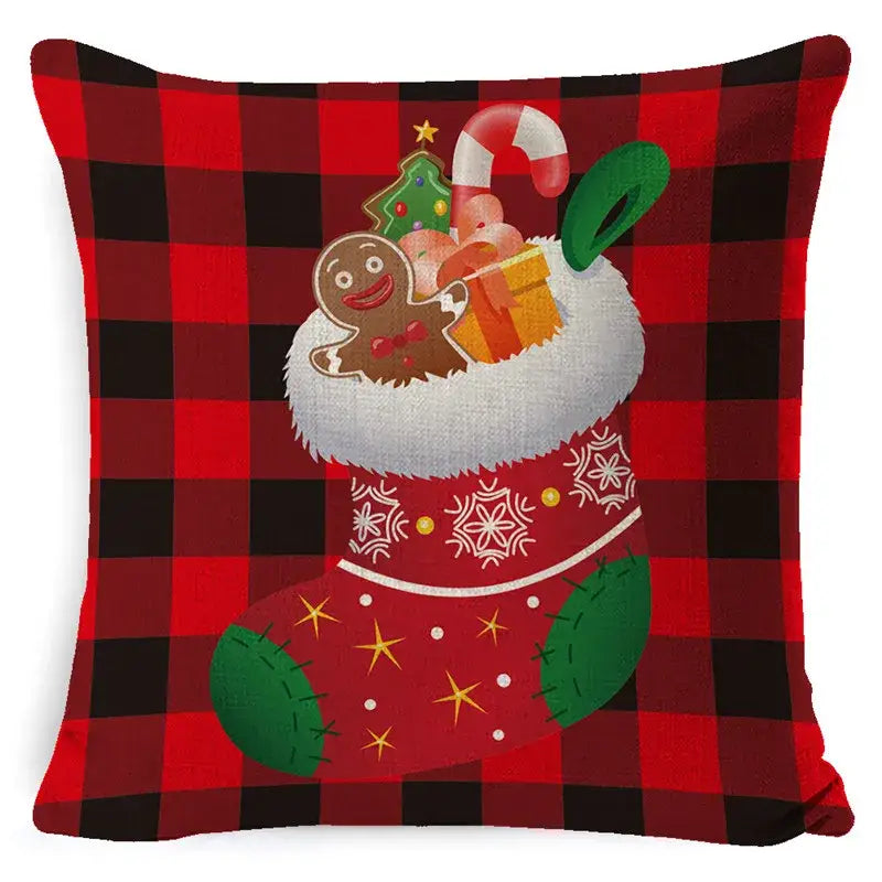 Festive red and black plaid elk print linen pillowcase featuring a christmas stocking design for living room decorbites elk print