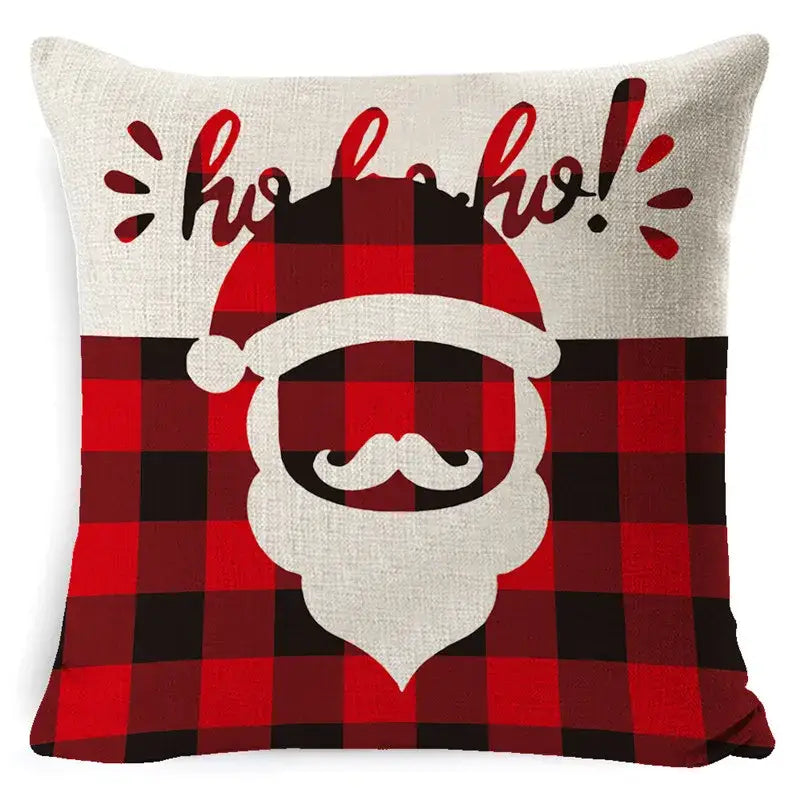 Festive red and black plaid elk print linen pillowcase with white santa face decorbites elk print living room decor