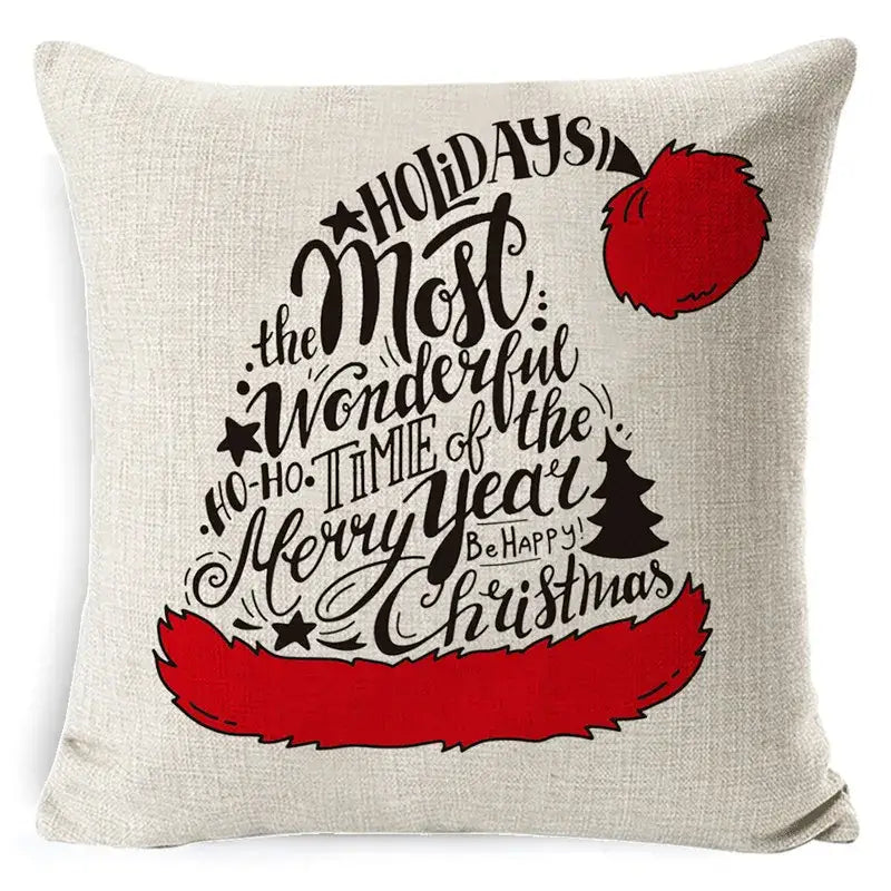 Beige elk print linen throw pillowcase with festive christmas hat design in red and black decorbites elk print decor