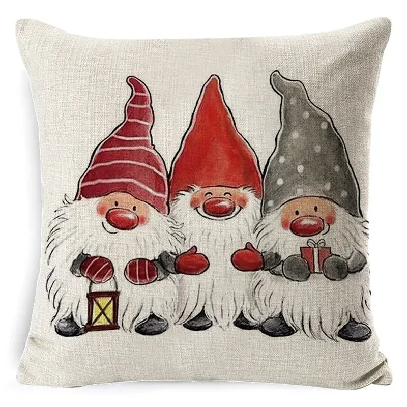 Beige linen throw pillow with festive gnome illustration for decorbites elk print linen pillowcase decor