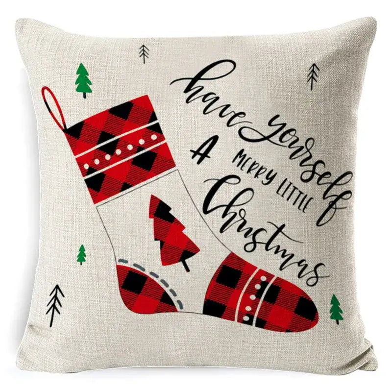 Beige linen throw pillow with festive red and black decorbites elk print and green pine trees in elk print linen pillowcase
