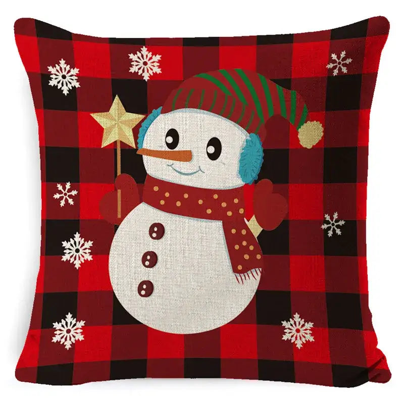 Festive red and black plaid elk print linen pillowcase with a snowman design perfect for living room decorbites decor