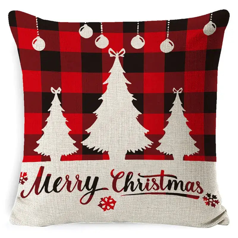 Festive red and black plaid elk print linen pillowcase with white Christmas tree silhouettes and merry Christmas script decorbites elk print
