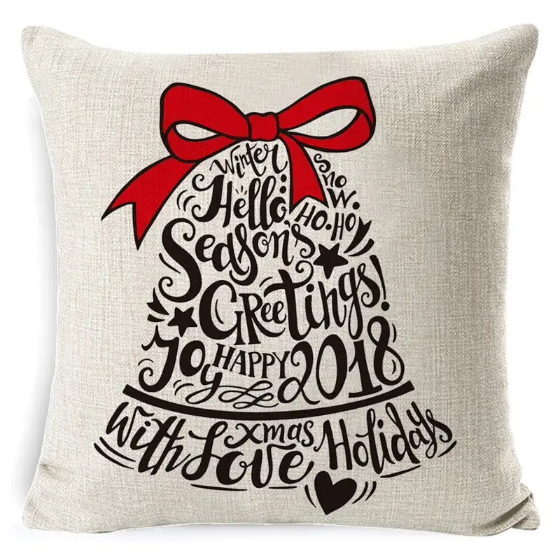 Beige linen throw pillow with festive black red bell design and decorative bow for holiday decorbites elk print linen