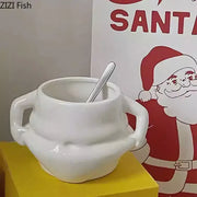 Festive white santa claus ceramic mug set soup bowl with two handles and glossy finish for dining room use