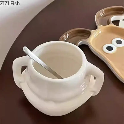 Festive white santa claus ceramic mug set with a playful cartoon face soup bowl and matching saucer for dining room use