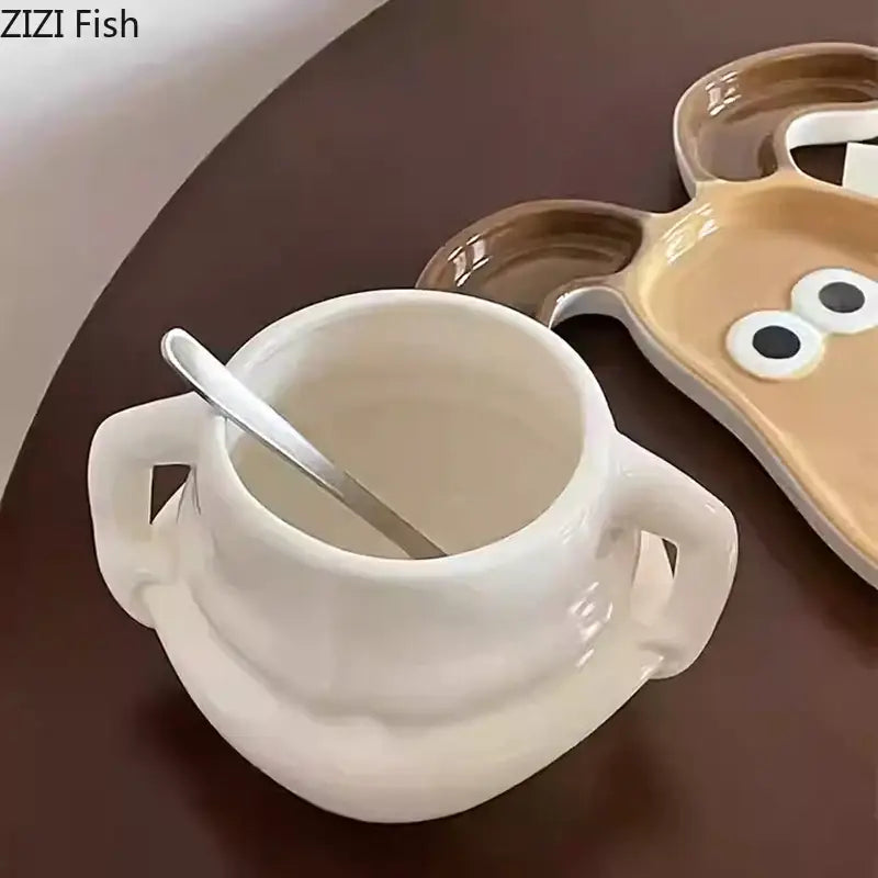 Festive white santa claus ceramic mug set with a playful cartoon face soup bowl and matching saucer for dining room use