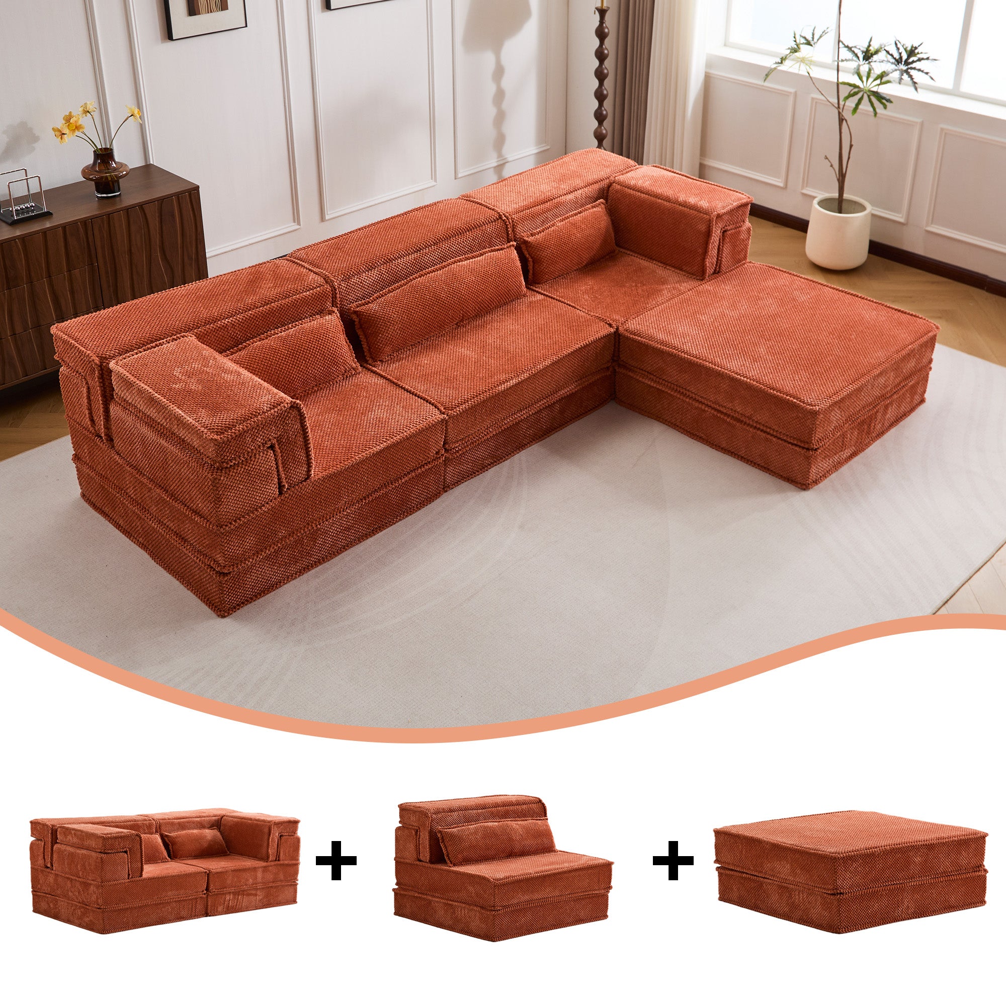 Orange Modular Sofa Ottoman