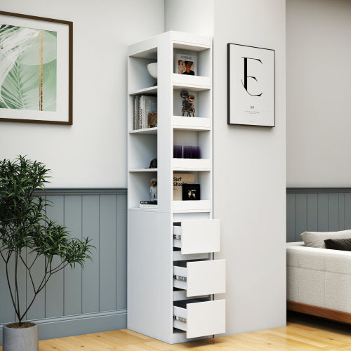 Gabinete de Almacenamiento para Pantalla de 70.87 H, Estantería de 4 Niveles, 3 Cajones Laterales y 4 Estantes de Exhibición Pequeños, Estantería Alta Moderna de Madera para Libros para Sala de Estar o Oficina en Casa
