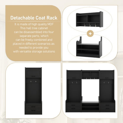 4-in-1 Detachable Hall Tree With Storage And 7 Hooks, Multiple Functions Hallway Coat Rack With Storage Drawers And Cabinet, Black Shoe Bench For Entryway Hallway