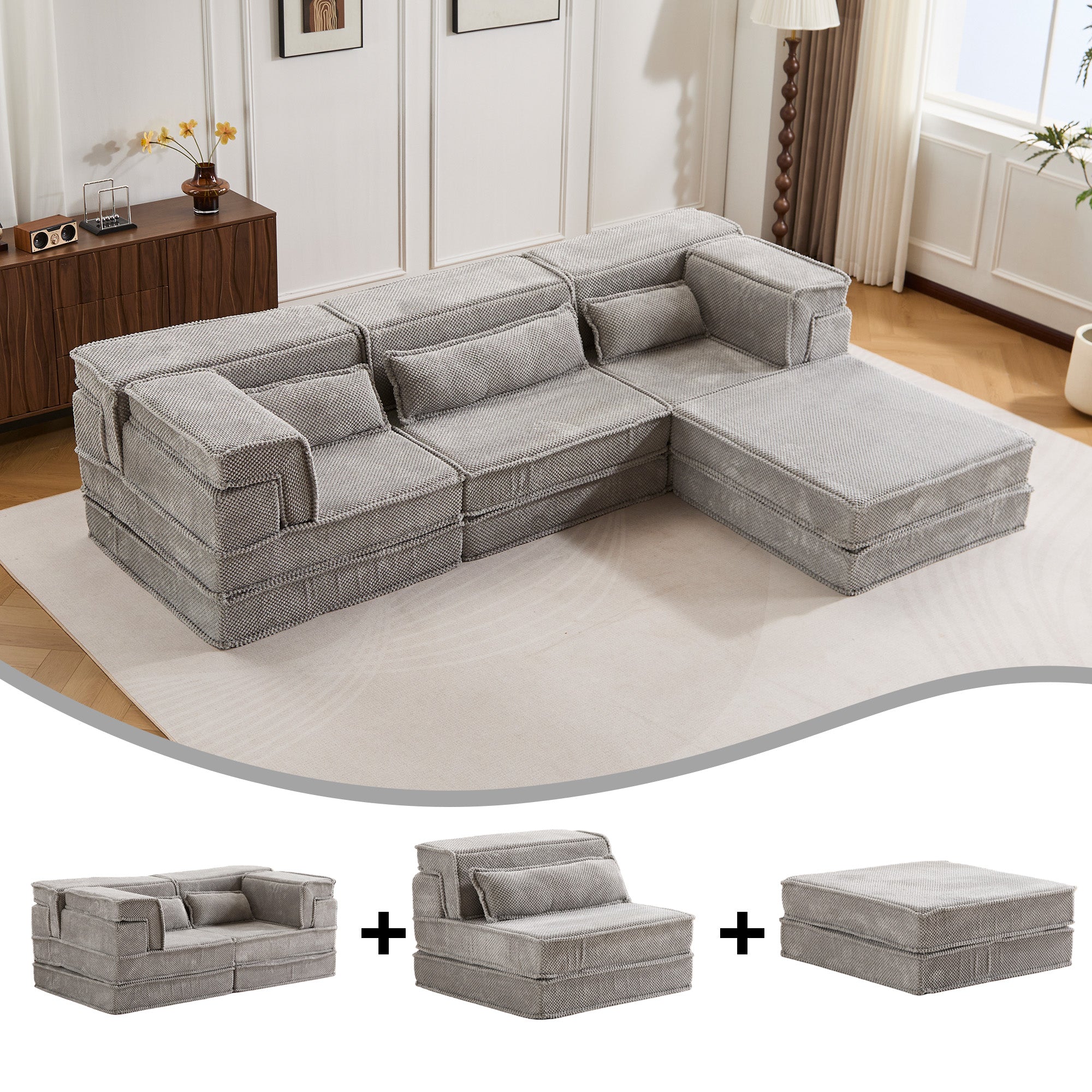 Light Grey Modular Sofa Circle Fleece Fabric