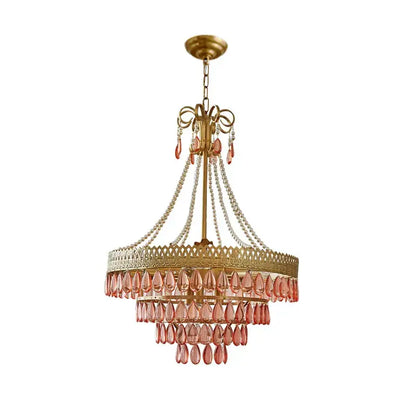Filigree gold crystal led ceiling chandelier with pink teardrop crystals and pearls for dining room decorbites crystal led