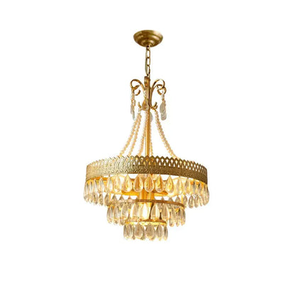 Filigree gold crystal led ceiling chandelier with cascading teardrop crystals and ornate metalwork for dining room decorbites crystal led
