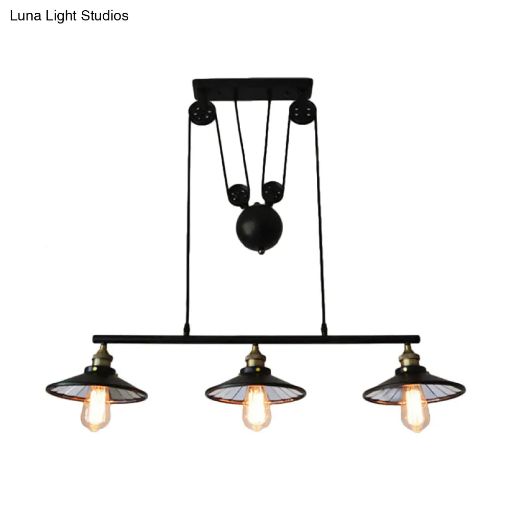 DecorBites™ Flared Black Farmhouse Pendant Light with Pulley Design and 3 Bulbs - Perfect for Restaurants and Kitchens