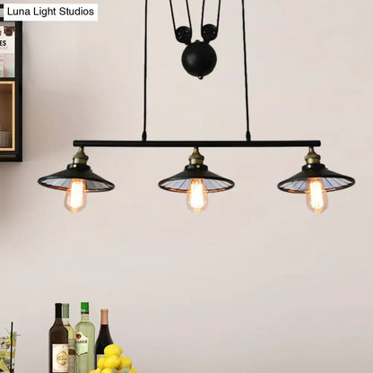 DecorBites™ Flared Black Farmhouse Pendant Light with Pulley Design and 3 Bulbs - Perfect for Restaurants and Kitchens