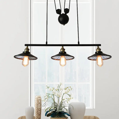 DecorBites™ Flared Black Farmhouse Pendant Light with Pulley Design and 3 Bulbs - Perfect for Restaurants and Kitchens