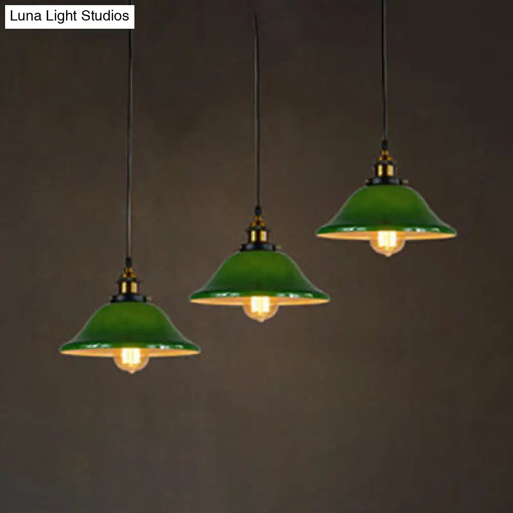 Flared Green Glass Pendant Lighting - 3 Lights Industrial Style, Brass Finish